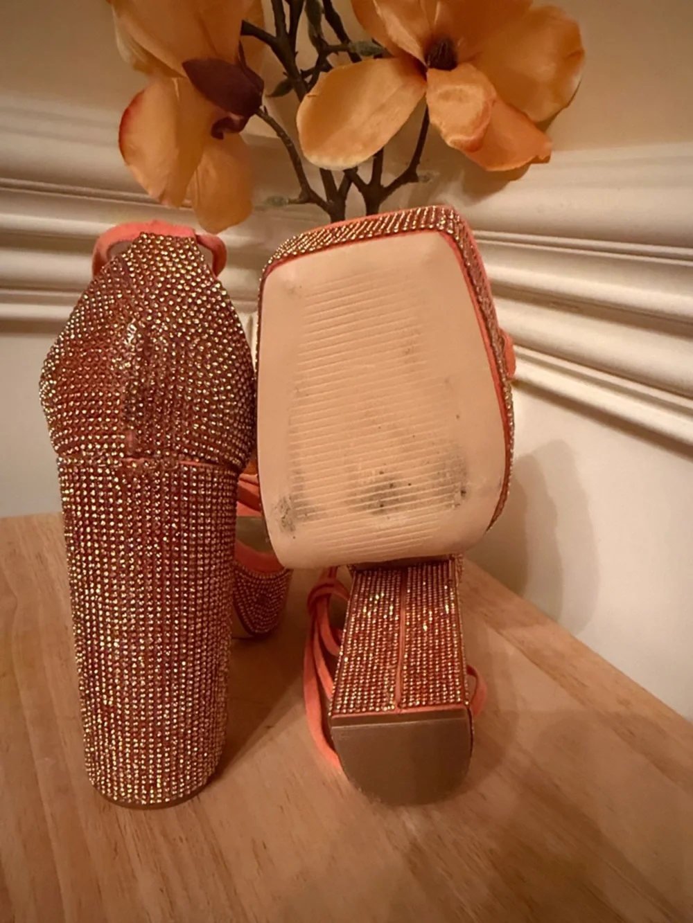 EGO Orange Rhinestone Platform Block Heels with Ankle Tie Uk 4 /‎ US 6